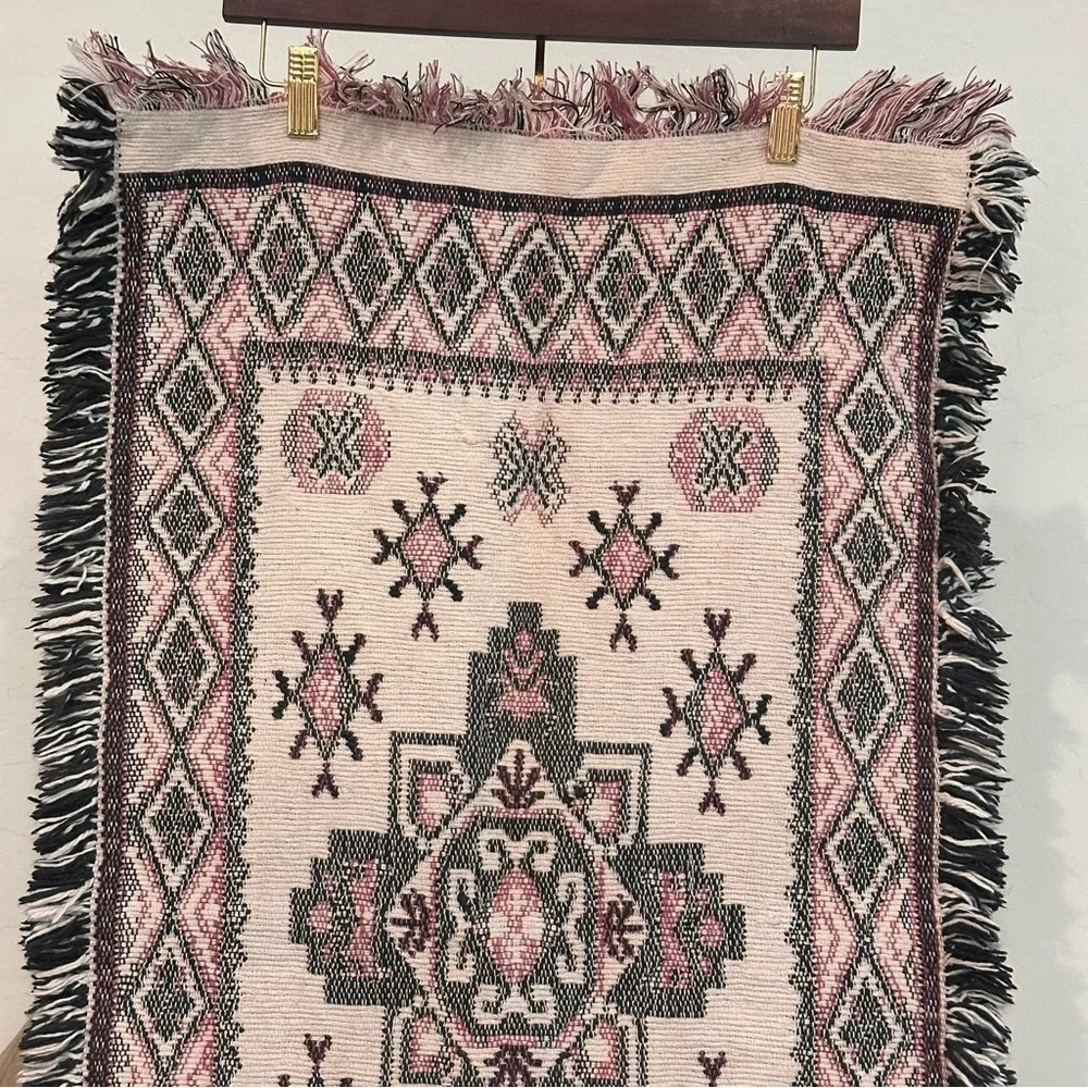 Vintage geometric pattern cotton Woven Textile Table runner/rug w/ fringe trim